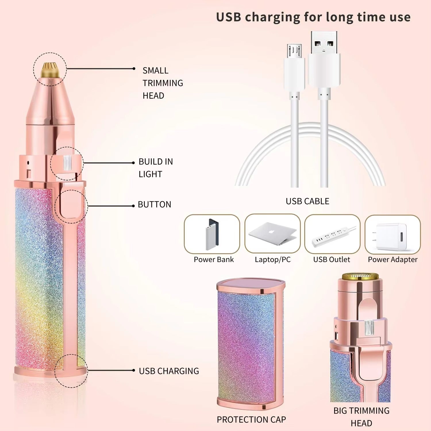 Flawless Hair Trimmer 2 in 1 Electric Eyebrow and Facial Hair Remover | Rechargeable Painless Shaver with LED Light for Women